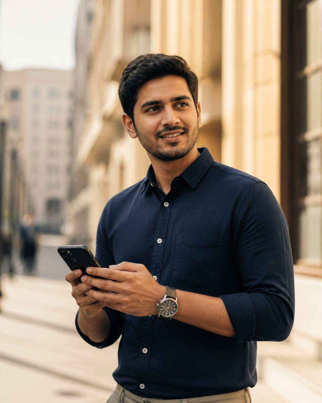 A customer holding a newly financed smartphone on a city street